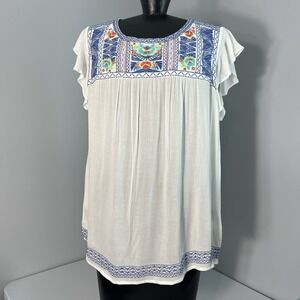 NWT Anthropologie THML Shirt Embroidered White Ruffle Flutter Sleeve Top‎